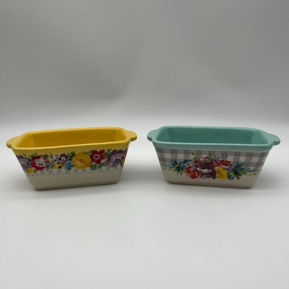 The Pioneer Woman Mini Loaf Pan Set Yellow Teal Floral Gingham Stoneware 3223DTB